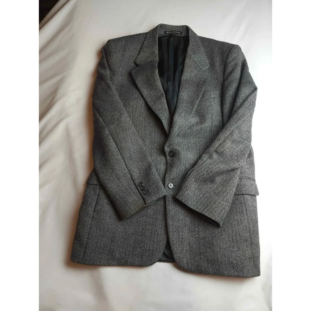 Mens Vtg Pure Virgin Wool Herringbone Blazer Grey Made in Canada Sport Coat 42R
